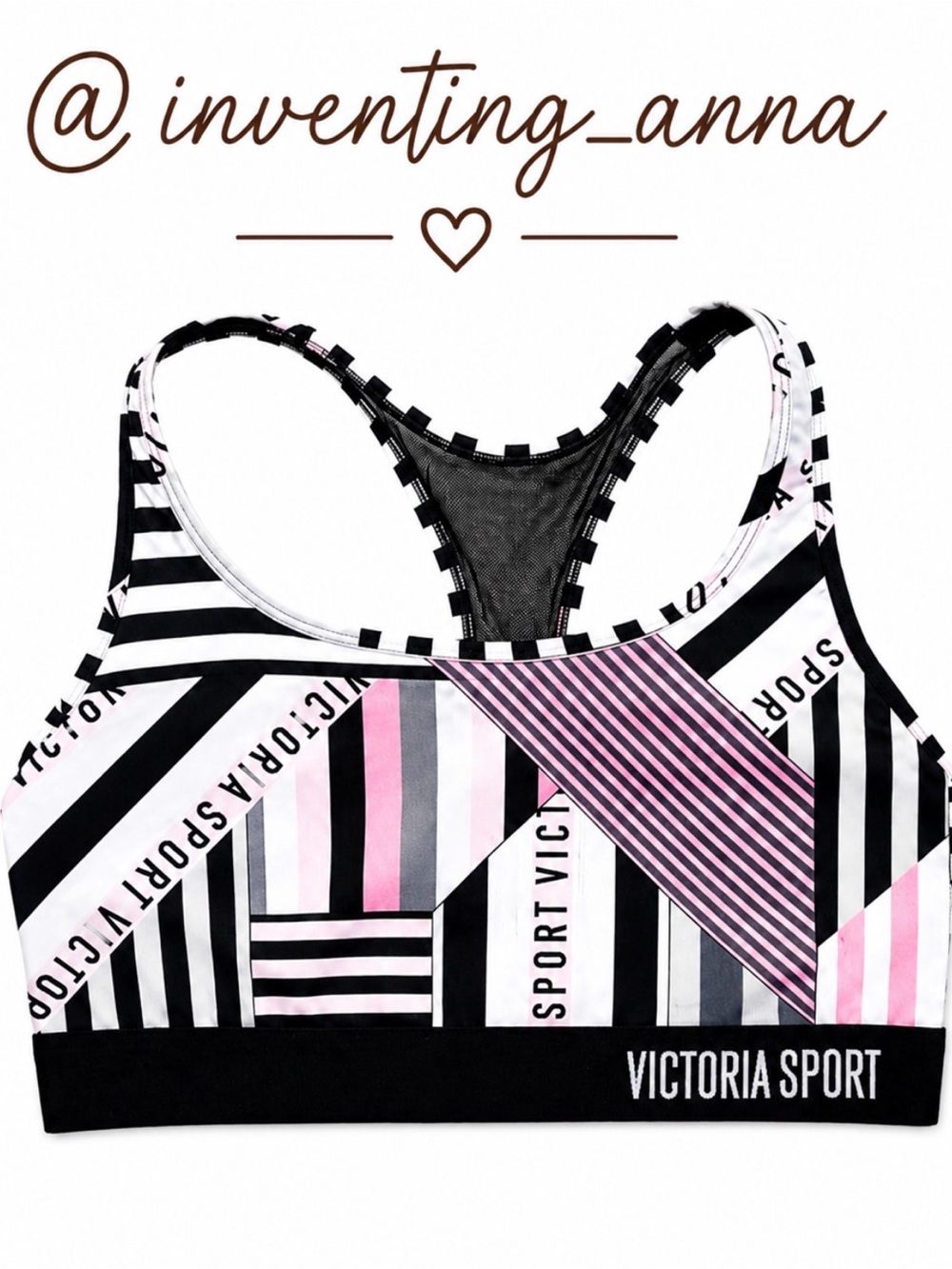 VICTORIA’S SECRET Pink Black Gray and White Striped Sports Bra w/Mesh Details